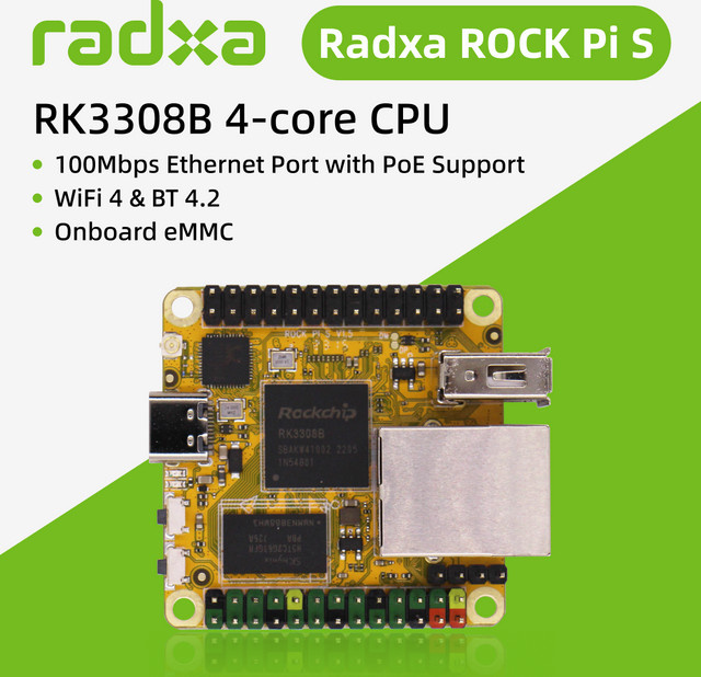 Radxa ROCK Pi S Einplatinen-Computer mit RK3308B 4-Kern-CPU, 100Mbps Ethernet mit PoE-Unterstützung, WiFi 4 und Bluetooth 4.2 - Bild 1