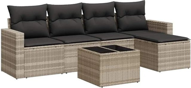 vidaXL 6-teilige Garten-Sofagarnitur in L-Form aus Poly Rattan mit Kissen und Couchtisch in Hellgrau - Bild 1