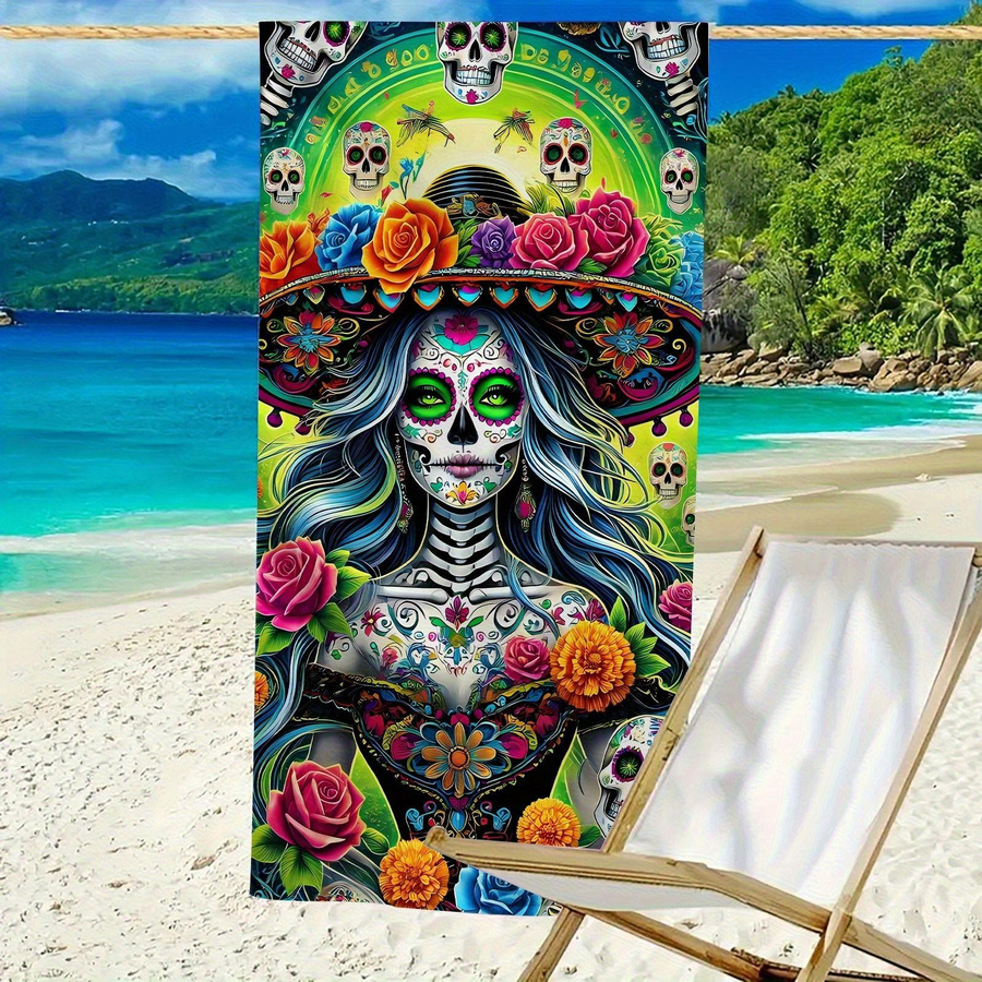 Dalangpa Strandtuch mit Schädel-Blumen-Druck in Weiß und Multicolour, schnelltrocknend und ultrafeine Faser, Breite: 40 cm, Höhe: 60 cm - Bild 2