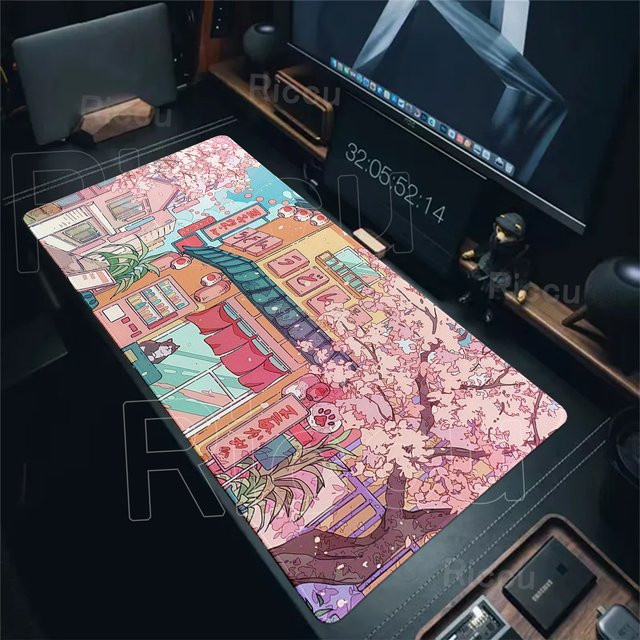 Riccu Anime Katzen Mauspad Rosa Kirschblüten-Straßenlandschaft XXL Schreibtischunterlage für Gaming und Büro - Bild 1