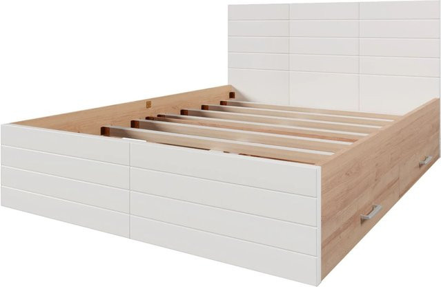 KOMHTOM Doppelbett in Eiche und Weiß mit 2 Schubladen und Lattenrost im Vintage-Stil, B/T/H: 140 x 200 cm - Bild 1