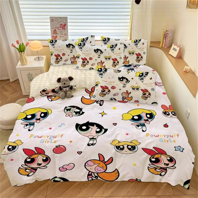 Bettwäsche-Set Powerpuff Girls mit Bettbezug und Kissenbezügen aus Mikrofaser, Weiß, B/H: 150 x 200 cm - Bild 1
