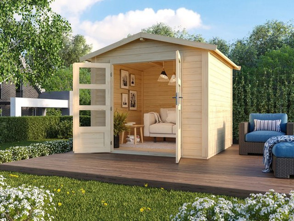 KARIBU Carlos Satteldach Gartenhaus mit Boden, naturbelassen, B: 244 cm, H: 230 cm, T: 244 cm