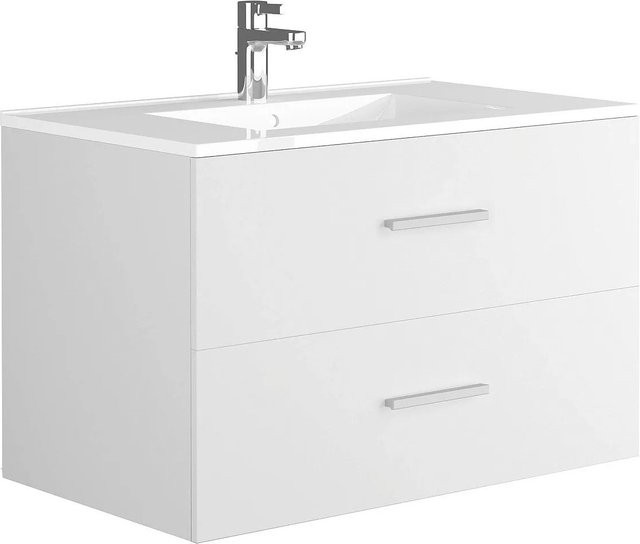 Vente-unique Einzelwaschtisch Kayla Weiß aus Keramik mit Holzoptik, Breite: 80 cm - Bild 1