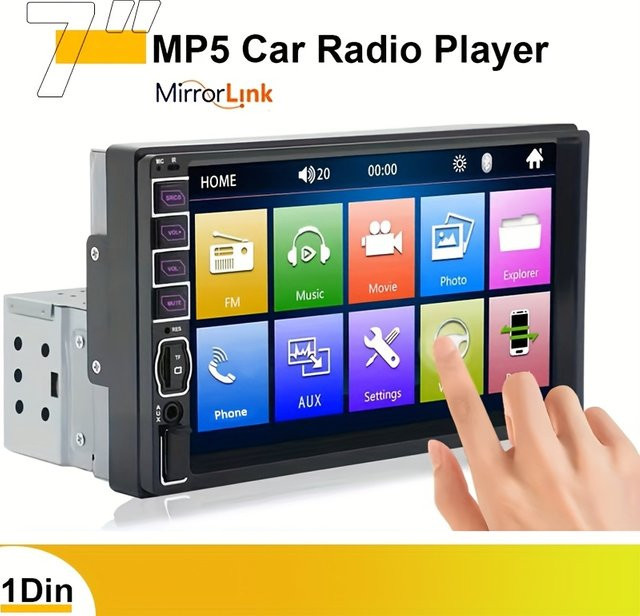 Bileeko 1-DIN Auto-Audio-Stereoanlage mit 17,78 cm HD-Touchscreen, MP5-Multimedia-Player, Mirror Link und FM-Radio in Schwarz - Bild 1