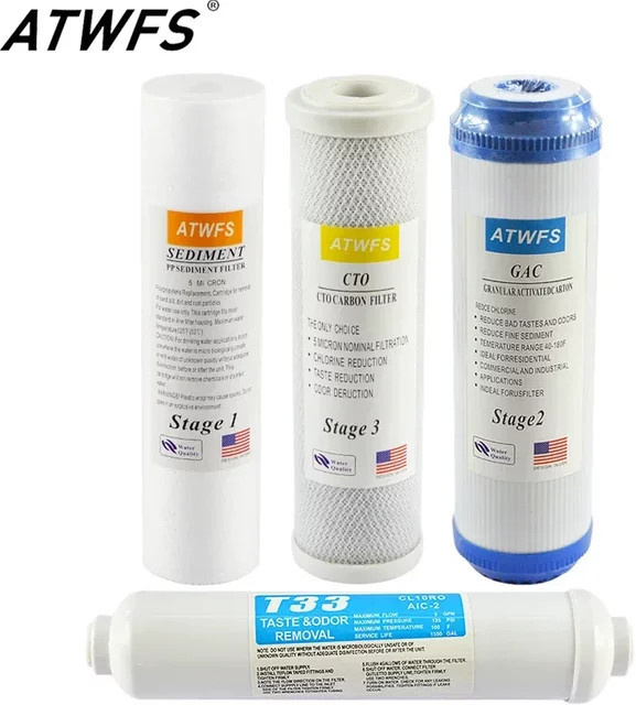 ATWFS 4-stufiges Wasserfiltersystem mit Baumwollfilter und Aktivkohlefilter T33 für Umkehrosmose, Höhe: 25,4 cm - Bild 1