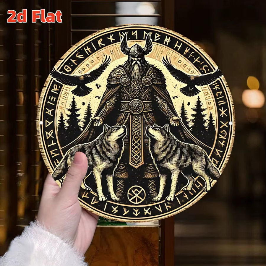 Hello Young Wanddekoration Odin Nordische Mythologie Aluminiumschild mit Wölfen, Multicolor, Durchmesser: 50,27 cm - Bild 3