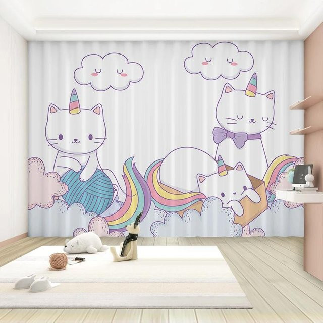 Yiran Furniture Verdunkelungsvorhänge mit Cartoon-Katzen-Motiv für Kinderzimmer und Schlafzimmer, 2er-Set, Mehrfarbig, B: 55 cm, H: 120 cm - Bild 1