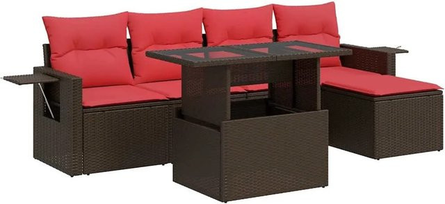 vidaXL 6-teilige Garten-Sofagarnitur in L-Form aus braunem Polyrattan und Akazie mit UV-beständigen Kissen - Bild 1
