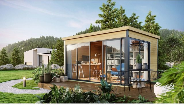 Lasita Holz-Gartenhaus Domeo 4 Log Cabin mit Flachdach, Unbehandelt, Braun, B: 418 cm, T: 321.9 cm - Bild 1