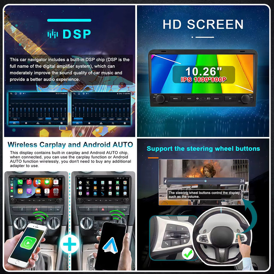 Aycetry Android 15 Autoradio mit 10,26 Zoll Bildschirm für Audi A3 8P S3 RS3 2003-2012, Kabelloses CarPlay, Bluetooth und GPS, Multimedia-Player in Schwarz - Bild 4