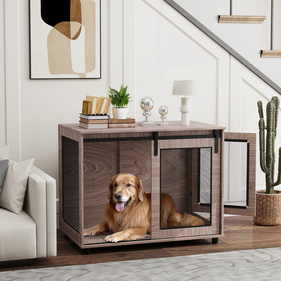 PawHut Hundekäfig als Beistelltisch mit 2 verschließbaren Türen, Hundebox aus Stahl und MDF, Farbe Nussbaum, B/T/H: 98 x 60 x 78 cm - Bild 2
