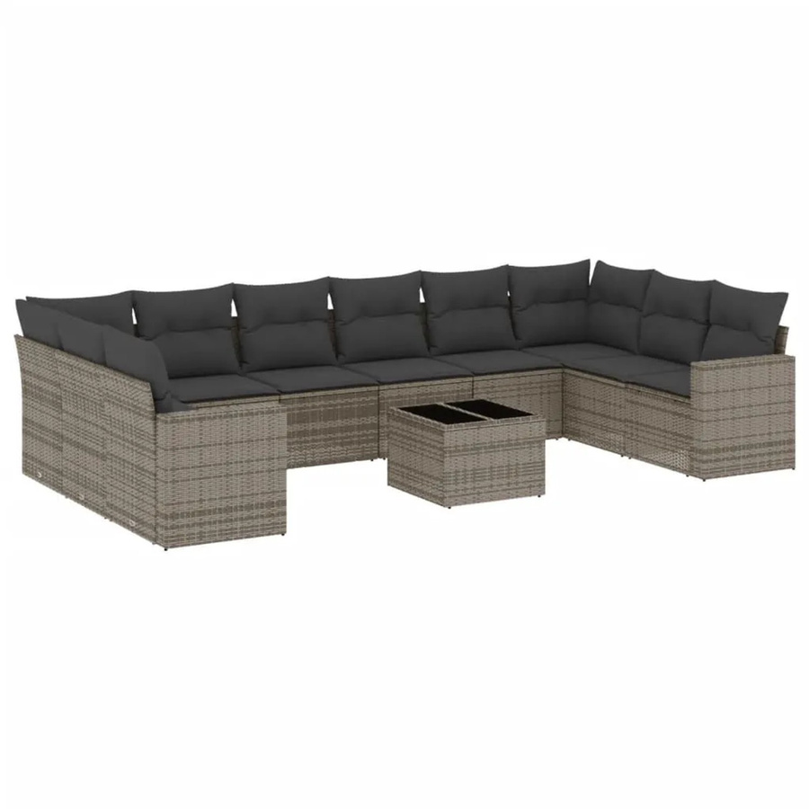 vidaXL 11-tlg. Garten-Sofagarnitur in L-Form aus grauem Poly-Rattan mit Kissen und Couchtisch - Bild 2
