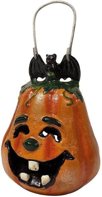 Orangefarbenes Kürbis Windlicht aus Metall und Kunstharz als Halloween und Herbstdeko für Teelichter - Bild 1