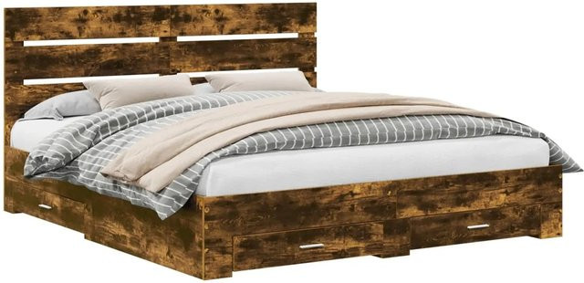 vidaXL Bettrahmen aus Holzwerkstoff in Geräucherte Eiche, Farbe Braun, B/T/H: 200 x 200 x 42,71 cm - Bild 1