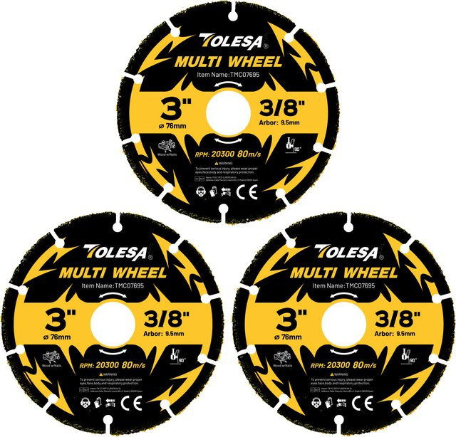TOLESA 3-teiliges Hartmetall-Trennscheiben-Set für Winkelschleifer, 3 Zoll mit 3/8-Zoll-Aufnahme, ideal zum Schneiden von Holz, Laminat und Kunststoff - Bild 1