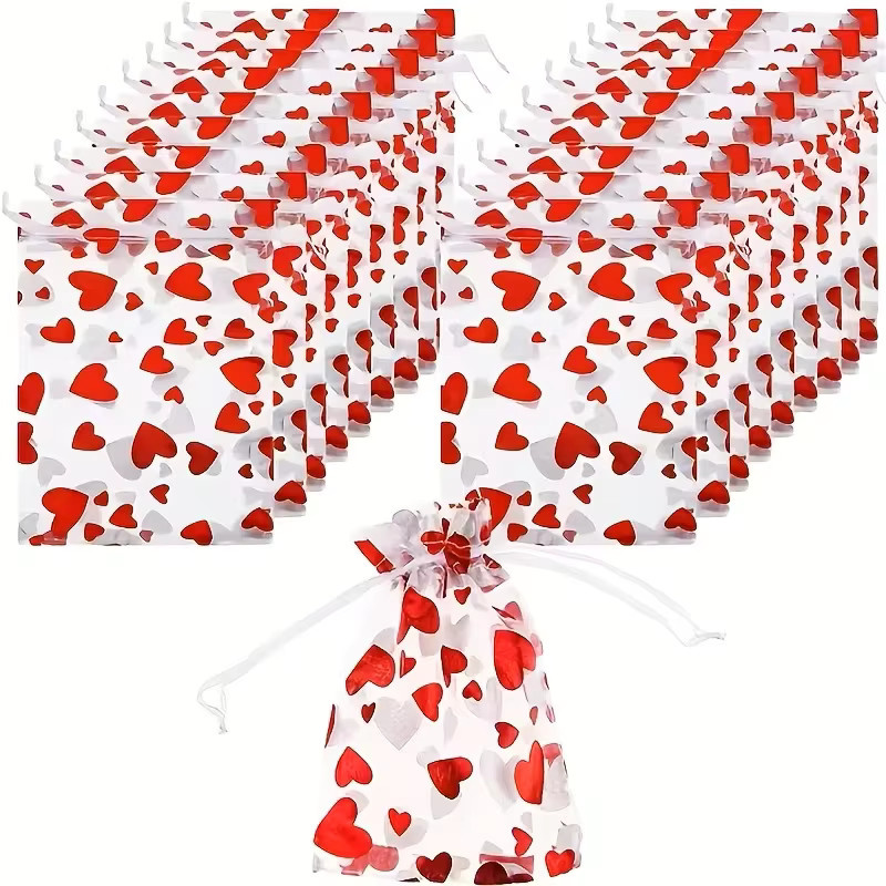 50er-Set rote herzförmige Geschenktüten mit Heißprägrußkarten für den Valentinstag - Bild 3