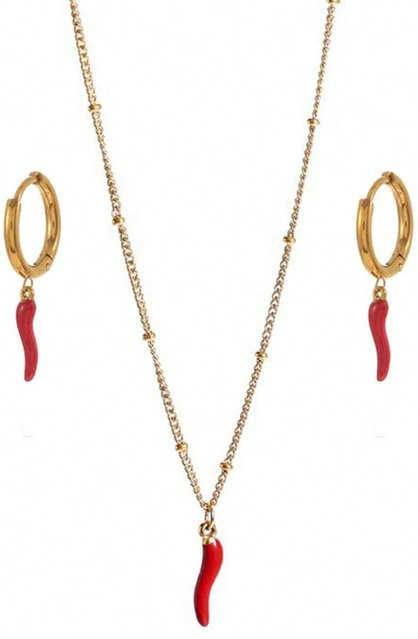 Halskette & Ohrringe Set Rote Chilischote, 750 Gold, Edelstahl, Damen - Bild 1