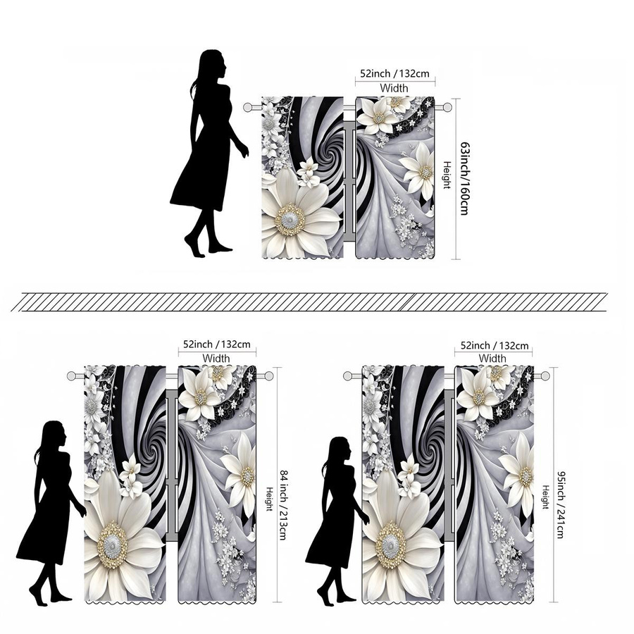 2-teiliges Set semi-transparente Vorhänge mit Pfingstrosen-Blumenmuster in Weiß von Household supplies MH, B: 132 cm, H: 160 cm - Bild 2