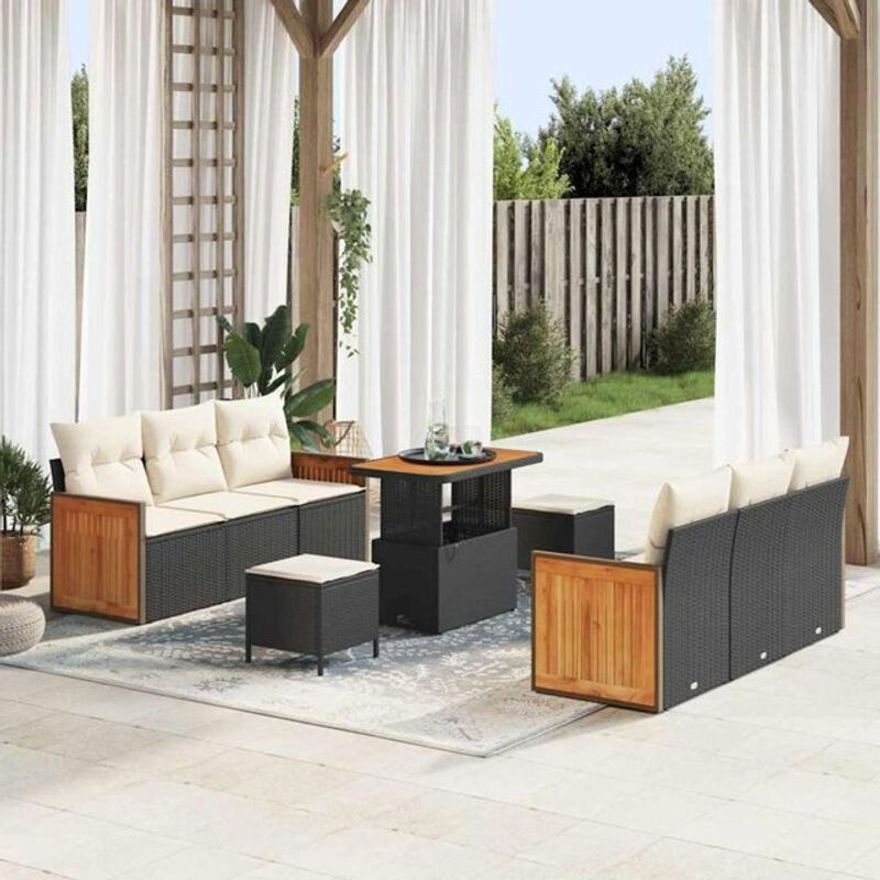 vidaXL Garten-Sofa-Set aus Polyrattan und Stahl, 9-teiliges modulares Loungemöbel-Set in Schwarz und Beige, B/T/H: 90 x 55 x 71 cm - Bild 1