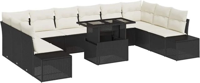 vidaXL Garten-Sofa-Set 11-tlg. in U-Form mit Kissen und Couchtisch, Schwarz und Beige - Bild 1