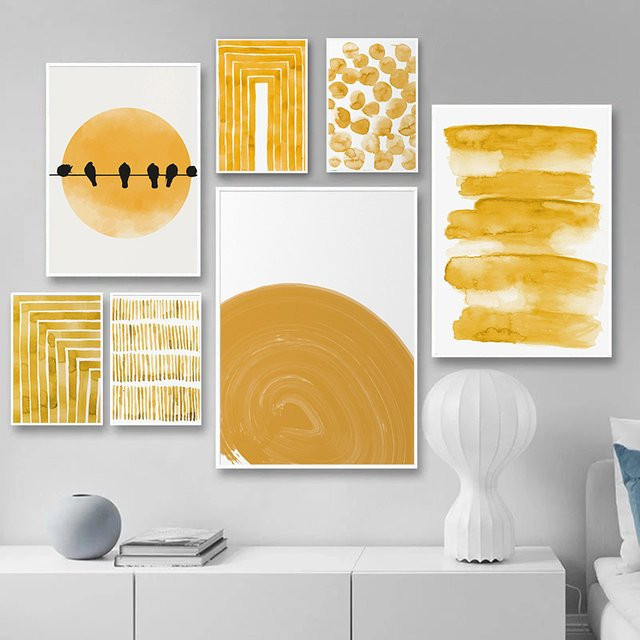 Potdemiel Kunstposter Leinwand mit skandinavischem abstraktem Muster aus Natur, Vögeln und Sonne in Gelb - Bild 1