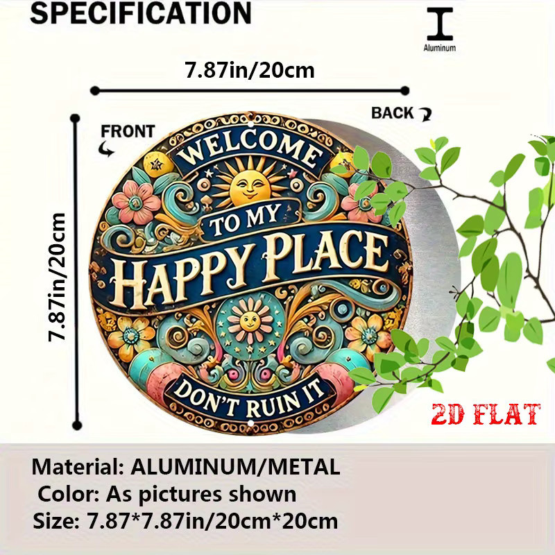 Potdemiel Rundes Aluminiumschild Welcome to My Happy Place mit Blumen und Sonne in Mehrfarbig - Bild 2