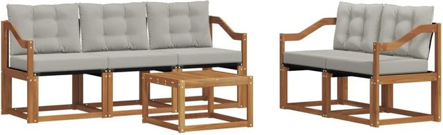 vidaXL Outdoor-Sofagarnitur 6-teilig aus Akazienholz und Textilene in Natur und Hellgrau mit Kissen und Tisch - Bild 1