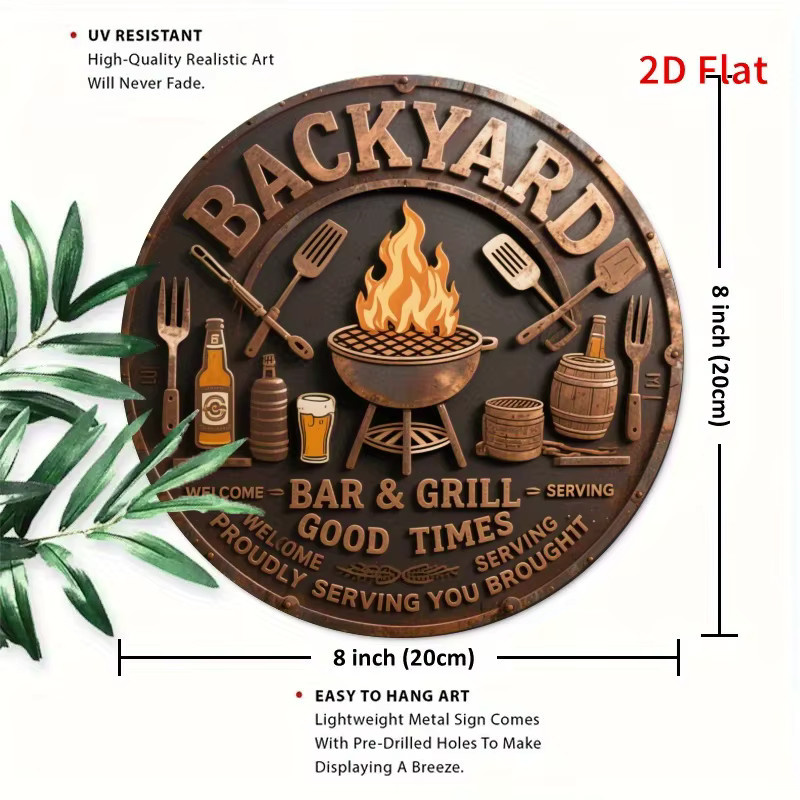 Potdemiel Vintage Metallschild Bar & Grill als runde Eisenwanddekoration mit Grillszene, Durchmesser: 19,81 cm - Bild 2