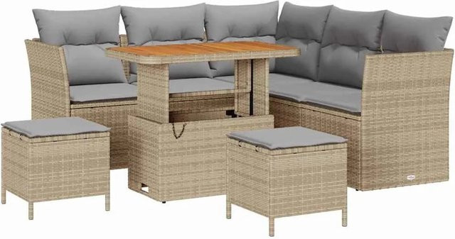 vidaXL Garten-Sofa-Set 8-teilig aus Poly-Rattan und Akazienholz in Beige und Grau mit Kissen und Aufbewahrungsfunktion - Bild 1