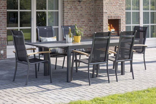 Hartman Alice Garten-Essgruppe aus Alu und Teak in Xerix/Natur mit ausziehbarem Tisch und 6 Stapelsesseln in Anthrazit - Bild 1