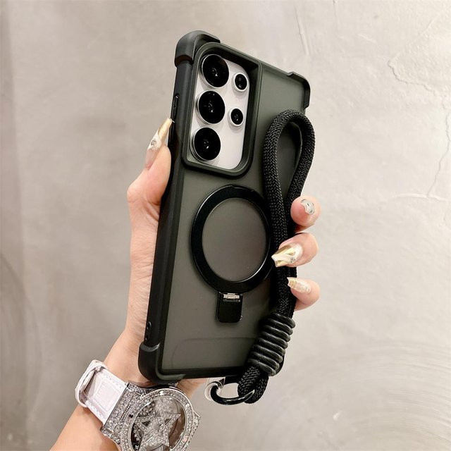 Luxus-Lanyard Magnetische Armor Handyhülle mit Faltständer für Samsung Galaxy S23 Ultra, S24, S25 Plus und S26+ 5G, stoßfeste Schutzhülle mit Strap in Schwarz - Bild 1