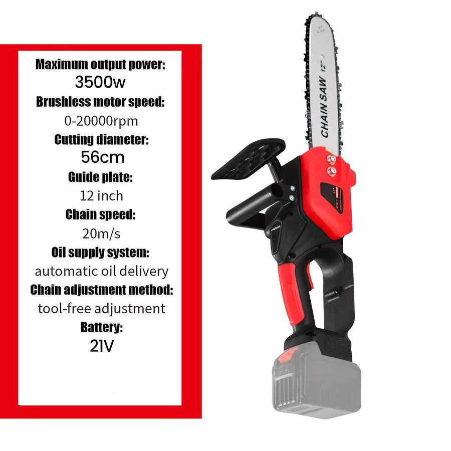 Bürstenlose Akku-Kettensäge 12 Zoll mit 3500W und 20000RPM für Makita 21V Akku, inklusive Ersatzakku, Farbe: Rot - Bild 6