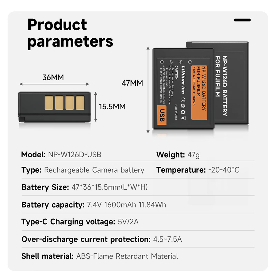 PALO USB Akku NP-W126S NP-W126 für Fujifilm Fuji X100F X-PRO1 X-PRO2 X-A1 X-A2 X-A3 X-A10 X-E1 X-E2 X-E2S X-E3 X-M1 X-T1 X-T2 X-T10 in Schwarz mit USB-C Anschluss - Bild 2