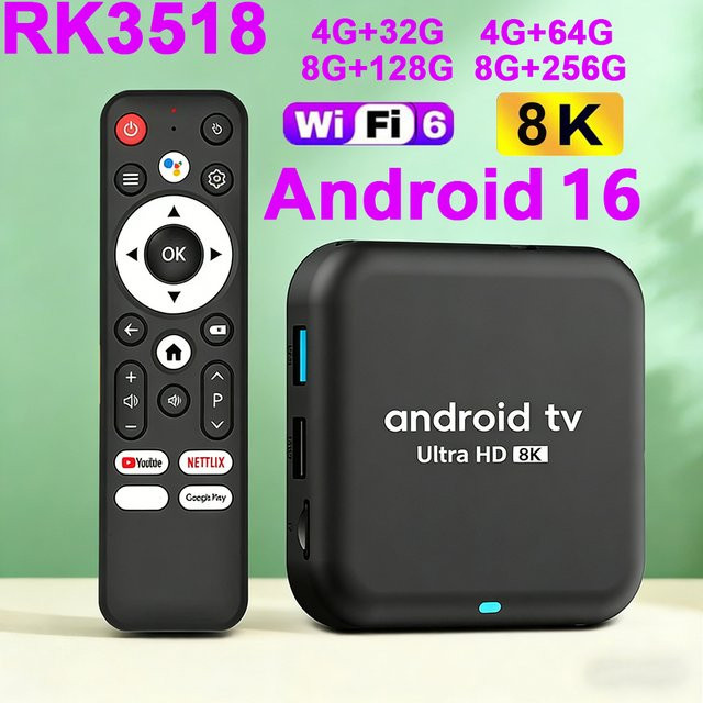 UOSU Smart TV Box Android 16 Q18 mit RK3518 Prozessor, Dual Wifi6 und Bluetooth 5.4, HDR10 Media Player in Schwarz - Bild 1