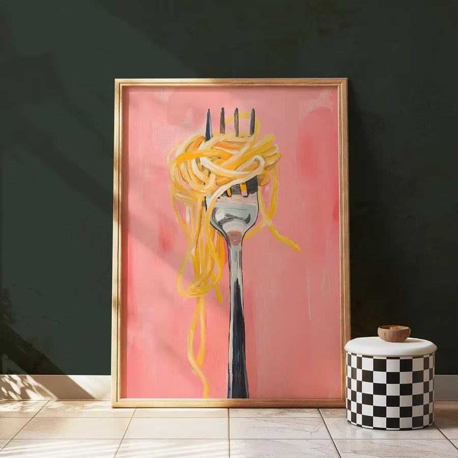 Vertikales Poster Kunstdruck Spaghetti-Nudelgabel in Rosa Matt von SHENCHEN als moderne Wanddekoration für deine Küche - Bild 2