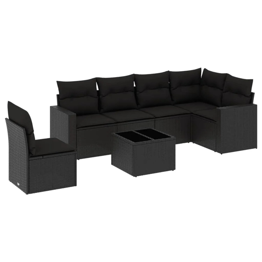 vidaXL 7-tlg Garten-Sofagarnitur in L-Form aus schwarzem Poly-Rattan mit UV-beständigen Kissen und pulverbeschichtetem Stahlgestell - Bild 2