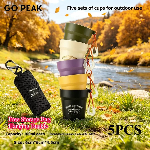 GO PEAK Camping-Becher-Set 5-teilig, ultraleichte tragbare Reise-Kaffeetassen für Backpacking und Wandern inklusive Aufbewahrungstasche und Aufhängehaken - Bild 1
