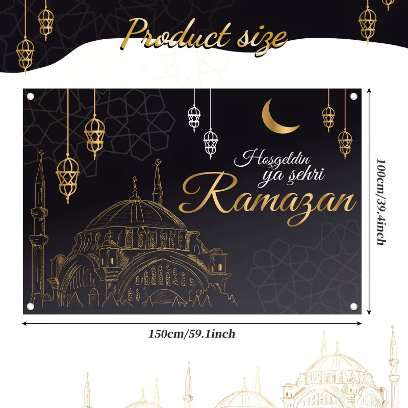VIKAMA Ramadan Wandteppich im Türkei-Stil mit Mond und Sternen in Schwarz-Gold als dekorativer Wandhintergrund für Eid al-Fitr Partys - Bild 3