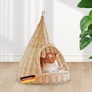 Rohrschneider Katzen-Hängekorb Sammy aus Rattangeflecht in Beige mit abnehmbarem Bezug - Bild 1