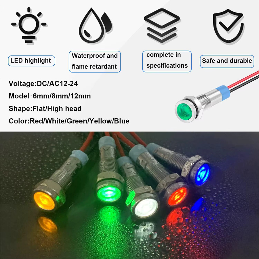5 Stück AOKIN LED-Anzeigeleuchten RGB Multicolour, wasserdicht IP65, Metall-Kontrolllampe für AC/DC 12–24 V, 6 mm - Bild 2