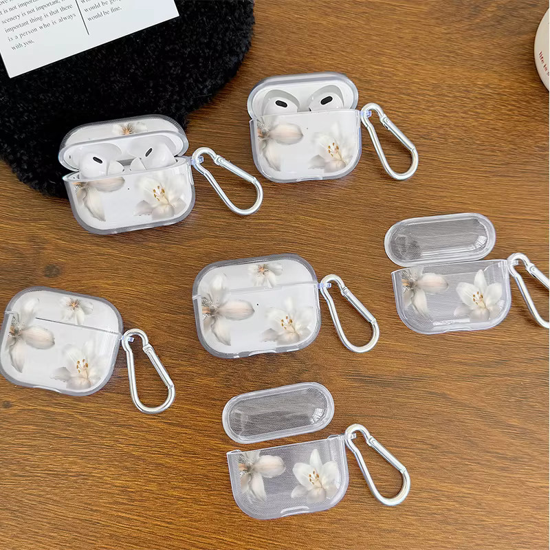 Stoßfeste Kopfhörerhülle mit weißem Lilien-Blumenmuster für Apple AirPods Pro 3/2/1 und AirPods 4/3/2/1 in Transparent/Weiß - Bild 4