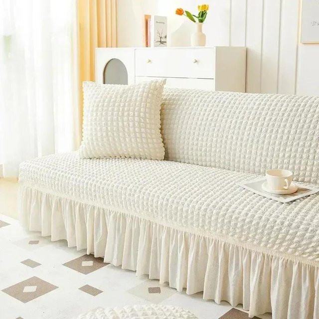 Yiran Furniture Seersucker Sitzbezug für Ecksofas, elastische und rutschfeste Sofahülle in Weiß, Größe M (155-180 cm) - Bild 1