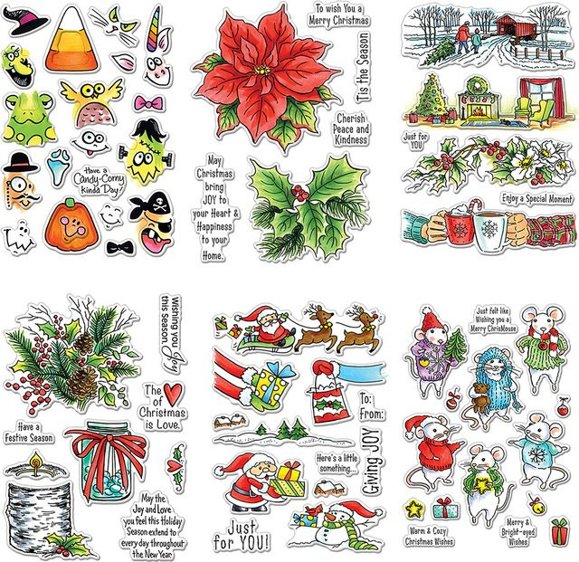 Klare Briefmarken Set mit Weihnachts- und Halloween-Motiven wie Santa, Blumen, Tieren und Geistern für DIY Scrapbooking und Bastelarbeiten, Mehrfarbig - Bild 1