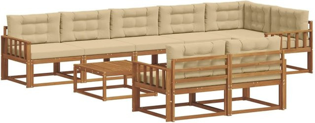 vidaXL Outdoor-Sofagarnitur aus Akazienholz in L-Form, 9-teiliges Set mit Kissen in Beige und Natur - Bild 1