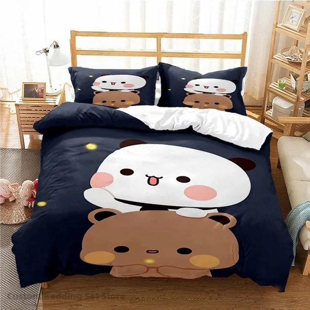 Bettwäsche-Set Binchi Outdoor Product mit Bubu Dudu Cartoon-Bär und Panda Design, Blau, Material Mikrofaser, B/H: 140 x 210 cm - Bild 1