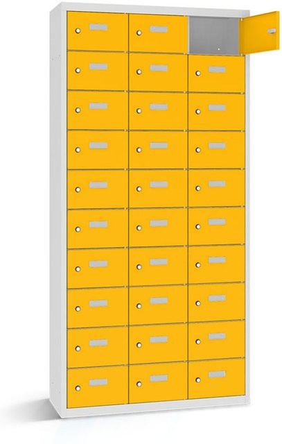 rotstahl Wertfachschrank mit 30 Fächern in Gelb und lichtgrauem Korpus, B/T/H: 117,5 x 30 x 180 cm - Bild 1
