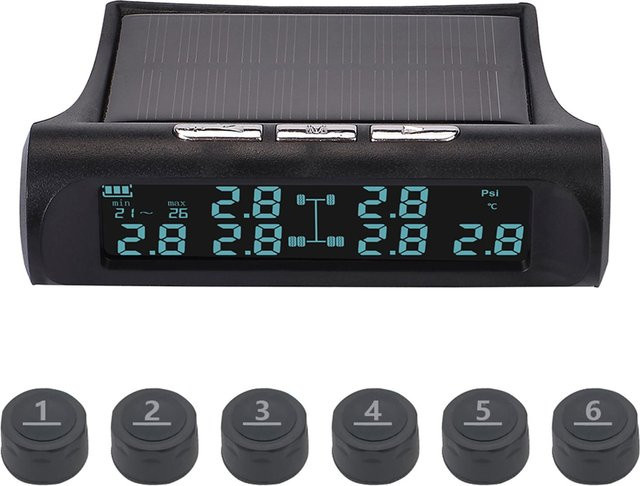 Solarbetriebenes Reifendrucküberwachungssystem von TOMTOP für 6-Rad-Frachtfahrzeuge in Schwarz mit USB-C Anschluss - Bild 1