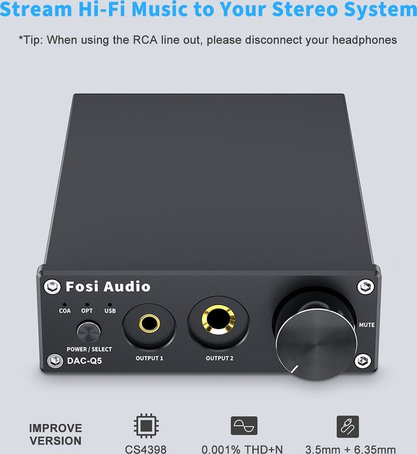 Fosi Audio Q5 DAC-Kopfhörerverstärker mit ESS9018K2M Chip, USB-C und 3,5-mm-/6,35-mm-Klinkenanschluss, Schwarz - Bild 1