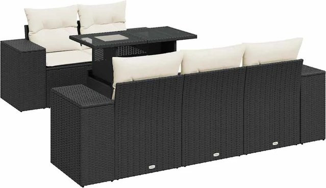 vidaXL 6-teilige Garten-Sofagarnitur in L-Form aus Poly-Rattan mit Tisch und Kissen in Schwarz-Creme - Bild 1